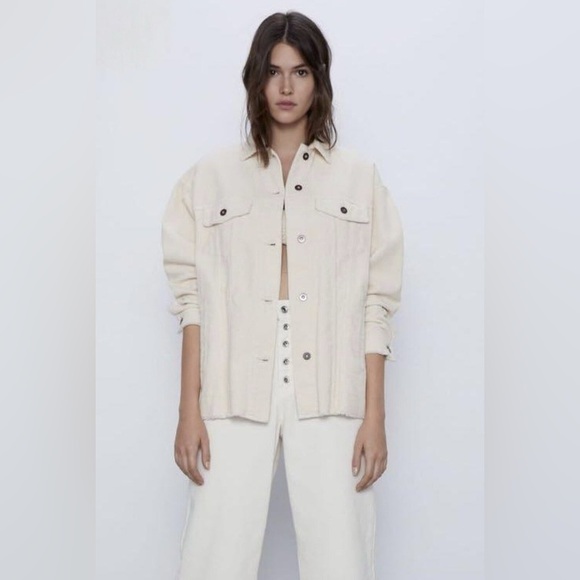 Zara Jackets & Blazers - Zara Cream Corduroy Shacket Raw Hem Button Up Jacket